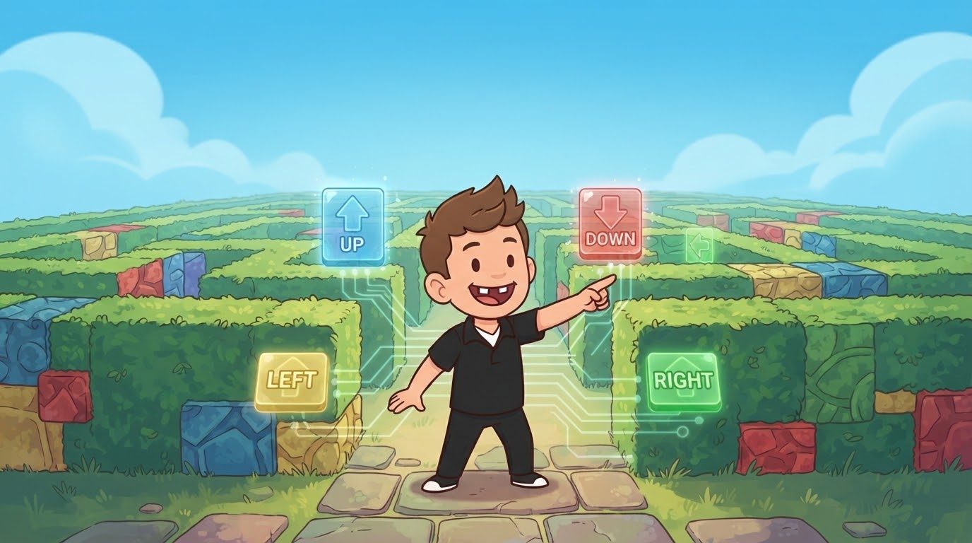 Munch standing at the entrance of a hedge maze, pointing ahead